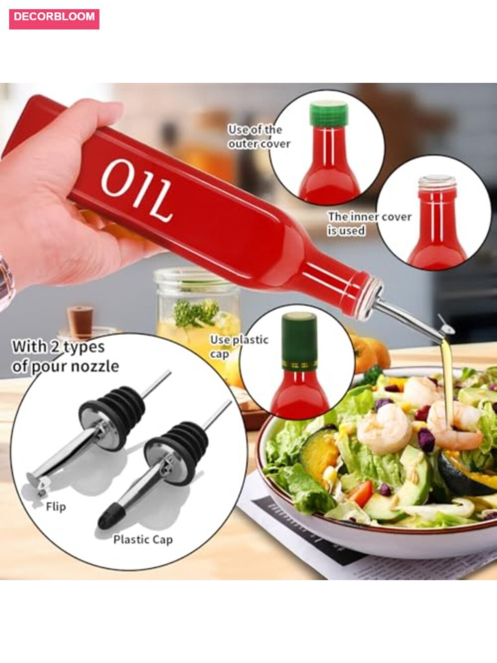 Oil and Vinegar Dispenser Set, 2 Pack Glass Bottles with Stainless Steel - Picture 4 of 5